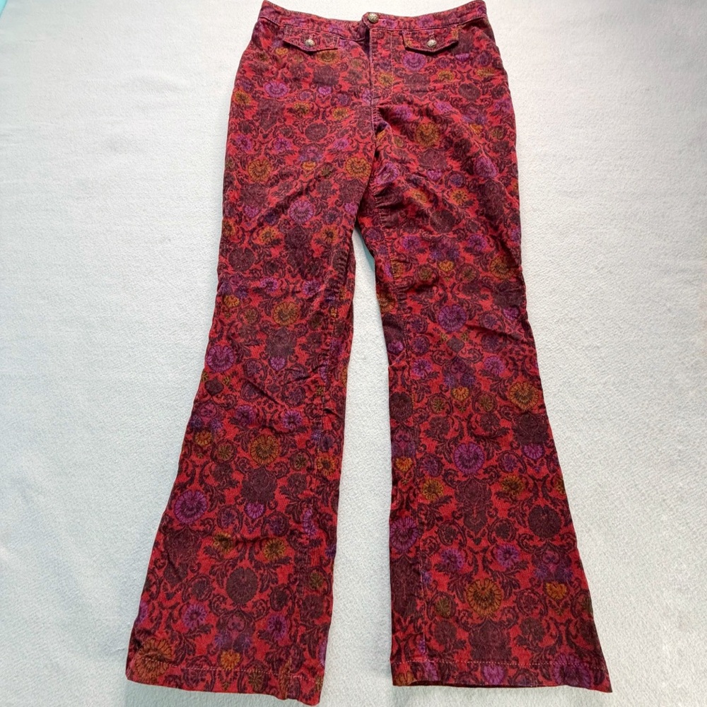 Free People Boho Flare Corduroy Pants Women’s 6 Burgundy Floral Paisley Girly